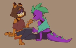 Size: 2898x1836 | Tagged: safe, artist:kittysonrice, imported from derpibooru, spike, anthro, cat, digitigrade anthro, dragon, barb, crack shipping, crossover, crossover shipping, feeding, female, garfield, garfield (character), lesbian, nonexistent meet-cute [idlyam], rule 63, shipping, wat