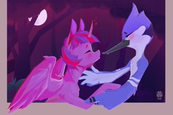 Size: 2160x1440 | Tagged: safe, artist:alicornairport, imported from derpibooru, twilight sparkle, alicorn, crossover, crossover shipping, female, kissing, male, mordecai, mordetwi, regular show, shipping, straight, twilight sparkle (alicorn)