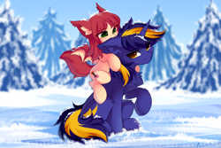 Size: 3457x2312 | Tagged: safe, artist:airiniblock, imported from derpibooru, oc, oc only, oc:airi, oc:vajr, bat pony, pony, unicorn, bat pony oc, biting, couple, duo, ear bite, eye clipping through hair, eyebrows, eyebrows visible through hair, female, high res, horn, love, male, nom, oc x oc, rcf community, shipping, sitting, smiling, snow, straight, unicorn oc, vairi, winter