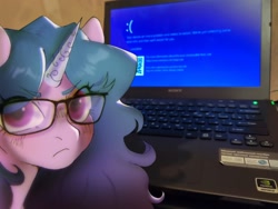 Size: 3000x2250 | Tagged: safe, artist:kotletova97, imported from derpibooru, izzy moonbow, pony, unicorn, spoiler:my little pony: a new generation, angry, blue screen of death, computer, female, frown, g5, glasses, high res, irl, izzy moonbow is not amused, laptop computer, mare, my little pony: a new generation, photo, ponies in real life, solo, unamused