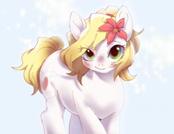 Size: 2730x2111 | Tagged: safe, artist:kotletova97, imported from derpibooru, oc, oc only, oc:epithumia, earth pony, pony, female, flower, flower in hair, high res, looking at you, mare, raised eyebrow, smiling, solo