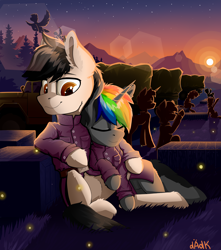 Size: 3000x3400 | Tagged: safe, artist:rainbowfire, imported from derpibooru, oc, oc only, oc:rainbow fire, pegasus, pony, unicorn, calm, clothes, duo focus, grass, high res, hug, love, male, military, military uniform, mountain, sitting, spruce tree, stallion, sunset, tree, truck, uniform, war