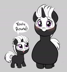 Size: 1803x1941 | Tagged: safe, artist:heretichesh, imported from derpibooru, oc, oc only, oc:s.leech, pony, unicorn, bald face, blaze (coat marking), blushing, coat markings, cute, duo, facial markings, fat, female, filly, gray background, looking at you, mare, ocbetes, self paradox, simple background, smiling, smiling at you