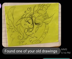 Size: 914x742 | Tagged: safe, artist:jazgablob, imported from derpibooru, discord, fluttershy, blushing, discoshy, doodle, eyes closed, female, heart, irl, male, note, notepad, shipping, sketch, straight, traditional art