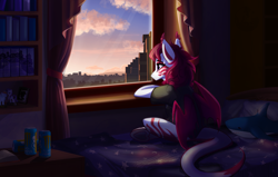 Size: 2388x1515 | Tagged: safe, artist:alrumoon_art, imported from derpibooru, rainbow dash, rarity, oc, bat pony, pony, shark, bed, blåhaj, book, bookshelf, city, cloud, figurine, looking out the window, plushie, shark plushie, sky, solo, sunset, window