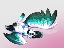 Size: 2048x1536 | Tagged: safe, artist:alrumoon_art, imported from derpibooru, oc, oc only, pegasus, pony, :p, choker, colored wings, heterochromia, large wings, looking at you, lying down, on back, partially open wings, simple background, smiling, solo, tongue out, watermark, white fur, wings, wristband