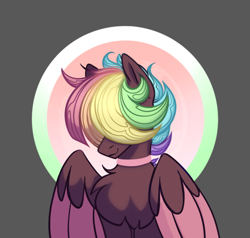 Size: 832x792 | Tagged: safe, artist:alrumoon_art, imported from derpibooru, oc, oc only, oc:walter evans, pegasus, pony, chest fluff, choker, colored wings, hair over eyes, male, multicolored hair, multicolored mane, rainbow hair, solo, two toned wings, wings