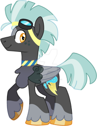 Size: 1280x1654 | Tagged: safe, artist:rohans-ponies, imported from derpibooru, thunderlane, pony, alternate design, deviantart watermark, goggles, male, obtrusive watermark, side view, simple background, smiling, solo, stallion, transparent background, watermark, wide eye