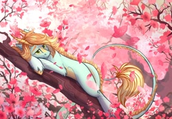 Size: 1920x1340 | Tagged: safe, artist:alrumoon_art, imported from derpibooru, oc, oc only, oc:concorde feuilledethe, original species, pony, flower, horns, in a tree, leaves, leonine tail, lying down, male, prone, solo, tail, tree, tree branch