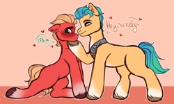 Size: 2439x1463 | Tagged: safe, artist:polyushko, imported from derpibooru, hitch trailblazer, sprout cloverleaf, earth pony, pony, blushing, coat markings, dialogue, duo, duo male, floating heart, floppy ears, g5, gay, heart, hitchsprout, looking back, male, maledom, malesub, my little pony: a new generation, shipping, smiling, socks (coat markings), speech bubble, stallion, stallion on stallion, submissive, unshorn fetlocks