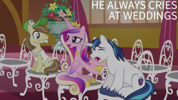Size: 1280x720 | Tagged: safe, edit, edited screencap, editor:quoterific, imported from derpibooru, screencap, hayseed turnip truck, princess cadance, shining armor, alicorn, earth pony, pony, unicorn, season 5, slice of life (episode), chair, crown, crying, eyes closed, female, jewelry, male, mare, open mouth, ponyville town hall, regalia, stallion, unshorn fetlocks