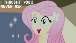 Size: 1280x720 | Tagged: safe, edit, edited screencap, editor:quoterific, imported from derpibooru, screencap, fluttershy, eqg summertime shorts, equestria girls, pet project, clothes, female, hairpin, open mouth, open smile, smiling, solo, tanktop