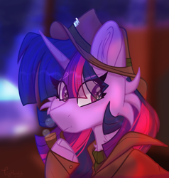 Size: 1905x2001 | Tagged: safe, artist:tizhonolulu, imported from derpibooru, twilight sparkle, pony, unicorn, cheek fluff, clothes, coat, detective, detective hat, hat, pipe, police lights, smoking, solo, sweater