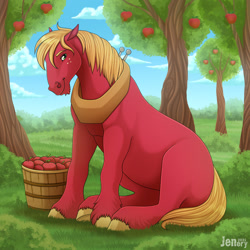 Size: 1280x1280 | Tagged: safe, artist:jenery, imported from derpibooru, big macintosh, earth pony, pony, apple, apple tree, bucket, food, grass, green eyes, hoers, horse collar, looking at you, male, mane, missing cutie mark, outdoors, scenery, sitting, smiling, solo, stallion, tree, unshorn fetlocks