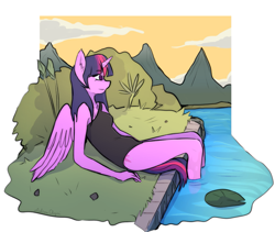 Size: 1311x1109 | Tagged: safe, artist:meliciamelano, imported from derpibooru, twilight sparkle, alicorn, anthro, plantigrade anthro, bush, clothes, colored pupils, detailed background, female, grass, horn, legs in the water, lilypad, mountain, nature, one-piece swimsuit, reclining, river, sitting, solo, spread wings, swimsuit, tail, tranquility, twilight sparkle (alicorn), water, wings