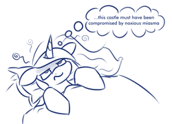 Size: 1281x921 | Tagged: safe, artist:moonatik, imported from derpibooru, princess luna, alicorn, pony, bed, female, fever, mare, pillow, sick, sketch, solo, thought bubble