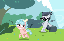Size: 2840x1824 | Tagged: safe, artist:lunaticdawn, imported from derpibooru, cozy glow, rumble, pegasus, pony, bipedal, bipedal leaning, blushing, bow, bush, colt, curls, cute, cutie mark, female, filly, flirting, flower, foal, freckles, grass, grin, hair bow, leaning, looking back, male, rock, rumble gets all the fillies, rumbleglow, shipping, smiling, smooth, standing, straight, sunglasses, text, tree, trotting