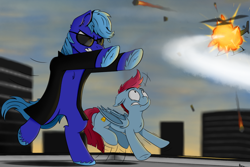Size: 1080x720 | Tagged: safe, artist:rapid9, imported from derpibooru, oc, oc only, oc:dayandey, oc:nella schuss, bat pony, earth pony, pony, afternoon, bipedal, clothes, coat, explosion, fire, jumping, roof, scared, sunglasses, the matrix