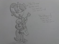Size: 4128x3096 | Tagged: safe, artist:cherro, imported from derpibooru, oc, oc only, oc:kitty kit, pony, unicorn, a day to remember, acoustic guitar, clothes, guitar, musical instrument, same about you, singing, solo, song reference, sweater, traditional art