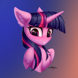 Size: 3000x3000 | Tagged: safe, artist:setharu, imported from derpibooru, twilight sparkle, alicorn, pony, bust, chest fluff, collaboration, collaboration:too many twilight, cute, ear fluff, eye reflection, eyebrows, eyebrows visible through hair, female, floppy ears, fluffy, gradient background, grin, high res, looking down, mare, portrait, reflection, signature, smiling, solo, twiabetes, twilight sparkle (alicorn), wings