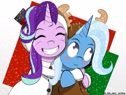 Size: 2048x1536 | Tagged: safe, artist:lightning-runner18, imported from derpibooru, starlight glimmer, trixie, pony, unicorn, animal costume, blushing, christmas, clothes, costume, eyes closed, grin, holiday, hug, reindeer costume, smiling, snow