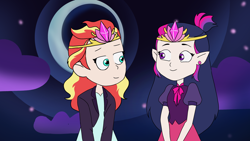 Size: 4800x2700 | Tagged: safe, artist:ginmay, imported from derpibooru, sunset shimmer, twilight sparkle, human, spoiler:the owl house, clothes, crown, duo, female, humanized, humanoid, jewelry, lesbian, night, pointed ears, regalia, shipping, spoilers for another series, style emulation, sunsetsparkle, the owl house, witch