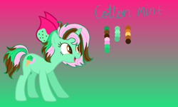 Size: 2992x1792 | Tagged: safe, artist:ginmay, imported from derpibooru, oc, oc only, oc:cotton mint, pony, unicorn, adoptable, female, gradient background, horn, open mouth, reference sheet, solo, unicorn oc