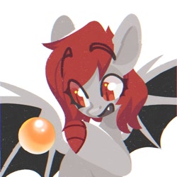 Size: 1500x1500 | Tagged: safe, artist:tsarstvo, imported from derpibooru, oc, oc only, bat pony, pony, bat pony oc, cute, cute little fangs, eyebrows, eyebrows visible through hair, fangs, female, mare, simple background, slit pupils, solo, white background
