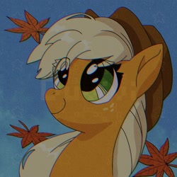 Size: 2000x2000 | Tagged: safe, artist:duvivi, imported from derpibooru, applejack, earth pony, pony, autumn, cute, female, high res, jackabetes, leaves, mare, smiling, solo