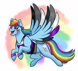 Size: 2568x2334 | Tagged: safe, artist:bella-pink-savage, imported from derpibooru, rainbow dash, pegasus, pony, asexual, asexual pride flag, biromantic, biromantic pride flag, clothes, face paint, female, flying, high res, pride, pride flag, rainbow background, solo, spread wings, tanktop, wings