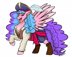 Size: 2543x2048 | Tagged: safe, artist:bella-pink-savage, imported from derpibooru, oc, oc only, oc:bella pinksavage, pegasus, pony, clothes, female, high res, open mouth, pegasus oc, pirate, raised hoof, simple background, solo, spread wings, white background, wings