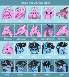 Size: 4286x4800 | Tagged: safe, artist:sevenserenity, imported from derpibooru, oc, oc:aurora steel, oc:rosie, dragon, pony, blushing, boop, commission, emote, emote set, happy, one eye closed, sad, shy, wave, wink