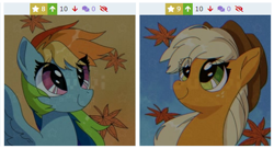 Size: 512x279 | Tagged: safe, artist:duvivi, imported from derpibooru, applejack, rainbow dash, earth pony, pegasus, pony, derpibooru, applejack's hat, autumn, cowboy hat, cute, dashabetes, female, hat, jackabetes, juxtaposition, leaves, looking at each other, looking at someone, mare, meta, smiling, spread wings, stetson, wings