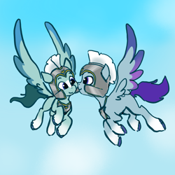 Size: 2048x2048 | Tagged: safe, artist:pfeffaroo, imported from derpibooru, pegasus, pony, spoiler:my little pony: a new generation, duo, female, flying, g5, guardsmare, high res, male, mare, my little pony: a new generation, pegasus royal guard, royal guard, stallion, thunder flap, zoom zephyrwing