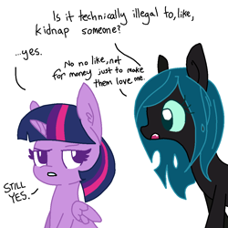 Size: 1024x1024 | Tagged: safe, artist:tjpones edits, color edit, colorist:nightshadowmlp, edit, imported from derpibooru, queen chrysalis, twilight sparkle, alicorn, changeling, changeling queen, pony, colored, cute, cutealis, dialogue, duo, duo female, female, mare, missing horn, twilight sparkle (alicorn)
