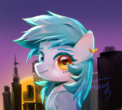 Size: 2480x2232 | Tagged: safe, artist:fantasysong, imported from derpibooru, oc, oc only, oc:sik, pegasus, pony, city, ear piercing, earring, heterochromia, high res, jewelry, pegasus oc, piercing, smiling, solo, sunset