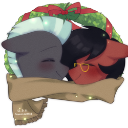 Size: 2000x2000 | Tagged: safe, artist:cottonsweets, imported from derpibooru, thunderlane, oc, oc:benjamin terrance tover, canon x oc, christmas, christmas wreath, clothes, cute, high res, holiday, nuzzling, scarf, wreath