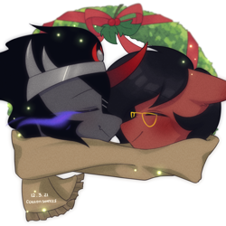 Size: 2000x2000 | Tagged: safe, artist:cottonsweets, imported from derpibooru, king sombra, oc, oc:benjamin terrance tover, canon x oc, christmas, christmas wreath, clothes, cute, eye glow, high res, holiday, nuzzling, scarf, wreath