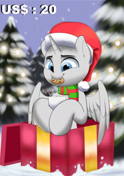 Size: 1280x1807 | Tagged: safe, artist:joaothejohn, imported from derpibooru, pegasus, unicorn, chocolate, christmas, clothes, commission, cookie, cute, food, forest, happy, holiday, hot chocolate, present, scarf, snow, snowfall, solo, your character here