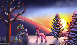 Size: 4053x2363 | Tagged: safe, artist:circumflexs, imported from derpibooru, oc, earth pony, pegasus, pony, robot, robot pony, bucket, carrot, clothes, food, snow, snowman, sunset, winter, winter outfit