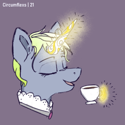 Size: 516x517 | Tagged: safe, artist:circumflexs, imported from derpibooru, oc, oc only, pony, unicorn, clothes, cup, eyes closed, female, food, glowing, glowing horn, horn, jewelry, magic, magic glow, open mouth, solo, tea, teacup, telekinesis