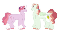 Size: 1280x640 | Tagged: safe, artist:itstechtock, imported from derpibooru, oc, oc only, oc:pineapple matcha, oc:twisted spire, pegasus, pony, curved horn, female, horn, mare, offspring, parent:north point, parent:valley trend, siblings, simple background, sisters, white background