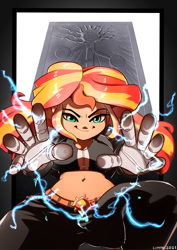 Size: 2894x4093 | Tagged: safe, artist:lummh, imported from derpibooru, sunset shimmer, human, equestria girls, alchemist, alchemy, belly button, breasts, busty sunset shimmer, clothes, energy, female, fullmetal alchemist, gate, hand, lightning, metal, solo, truth