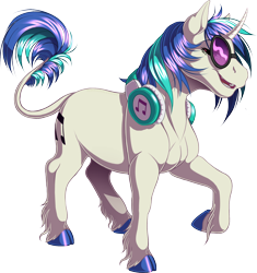 Size: 1578x1677 | Tagged: safe, artist:kittehkatbar, imported from derpibooru, dj pon-3, vinyl scratch, classical unicorn, pony, unicorn, cloven hooves, curved horn, female, headphones, hoers, horn, leonine tail, raised hoof, realistic anatomy, simple background, solo, sunglasses, tail, transparent background, unshorn fetlocks