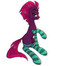 Size: 1500x1700 | Tagged: safe, artist:anondrawpone, imported from derpibooru, tempest shadow, pony, unicorn, :p, adult blank flank, blank flank, blank flank tempest, broken horn, clothes, cute, female, horn, mare, profile, simple background, sitting, socks, solo, stockings, striped socks, tempestbetes, thigh highs, tongue out, transparent background