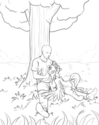 Size: 3184x4000 | Tagged: safe, artist:alcor, imported from derpibooru, fluttershy, oc, oc:anon, human, pegasus, pony, butt, cuddling, duo, grass, grass field, grayscale, high res, hug, human male, human on pony snuggling, lineart, looking at each other, looking at someone, lying down, male, monochrome, outdoors, plot, prone, relaxing, sitting on grass, sketch, snuggling, tree, under the tree, wholesome, winghug, wings