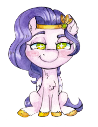 Size: 3225x4192 | Tagged: safe, artist:lightisanasshole, imported from derpibooru, pipp petals, pegasus, pony, chest fluff, chibi, colored hooves, colored wings, ear fluff, female, fluffy, g5, green eyes, hoof fluff, jewelry, looking at you, my little pony: a new generation, neck fluff, simple background, sitting, smug, solo, tiara, traditional art, watercolor painting, wings