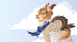 Size: 4500x2500 | Tagged: safe, artist:avroras_world, imported from derpibooru, oc, oc only, pegasus, pony, clothes, cloud, commission, female, high res, looking away, mare, pegasus oc, profile, scarf, simple background, sky, smiling, solo, wind, wings