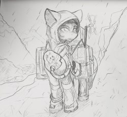 Size: 2054x1907 | Tagged: safe, artist:alcor, imported from derpibooru, earth pony, pony, boots, container, death stranding, foal, hood, hooded, looking at something, monochrome, outdoors, rain, raincoat, shoes, sketch, video game crossover