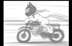 Size: 662x428 | Tagged: safe, artist:alcor, imported from derpibooru, earth pony, pony, driving, grayscale, helmet, monochrome, motorcycle, motorcycle helmet, sketch, wind